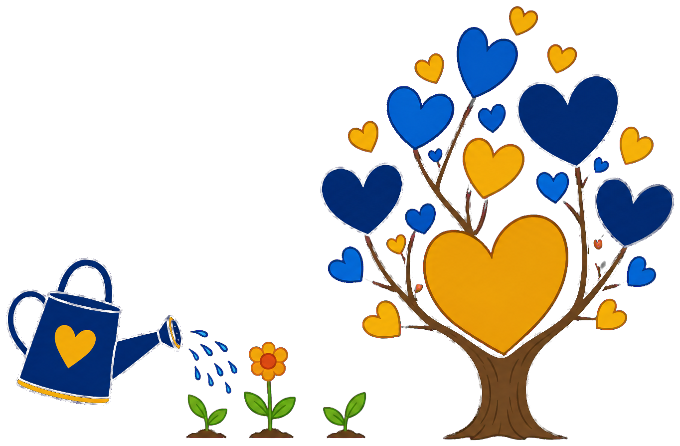 Watering can, sprouts, and a tree with heart-shaped leaves